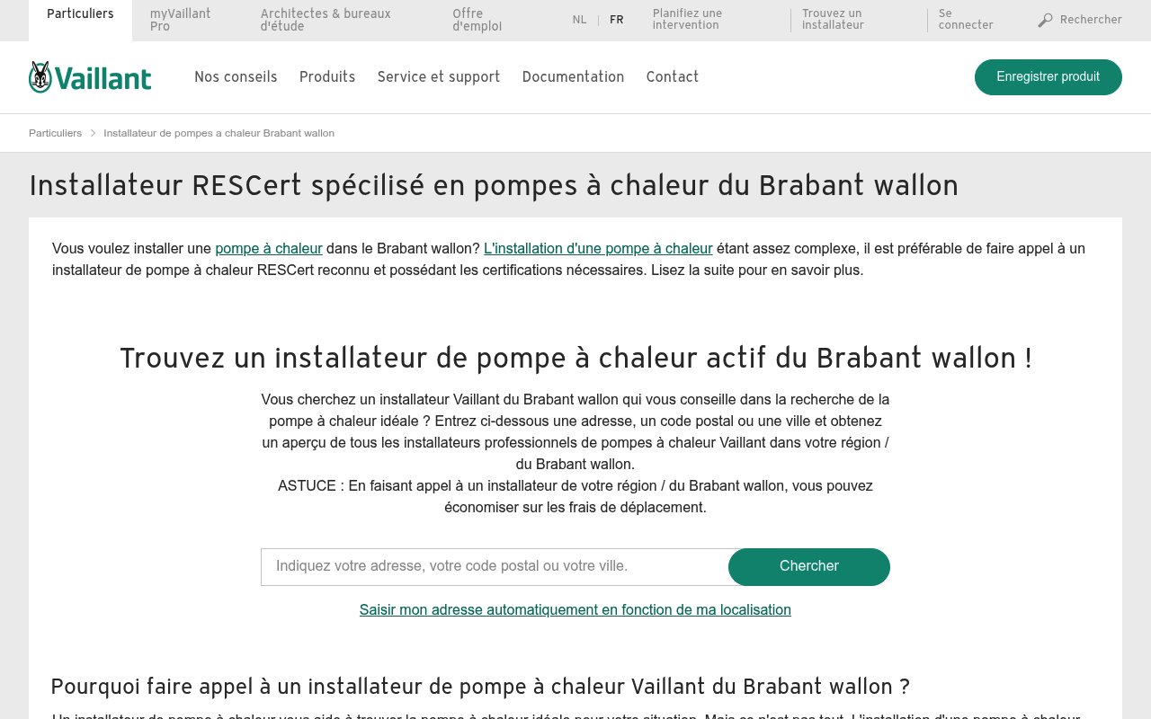 Apercu du site Vaillant Belgique – installateur Brabant wallon